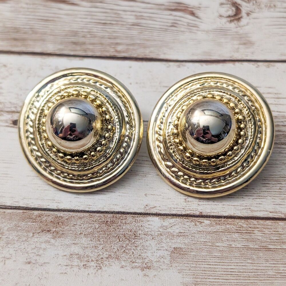 Vintage Clip On Earrings - Statement 3D Gold Tone 1 & 5/8" Large